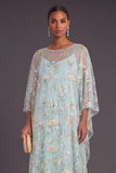 Saprkly Sequins Green Floral Boat Neck A-Line Long Formal Dress