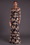 Black Champagne Floral Mermaid Boat Neck Long Formal Dress with Sleeves