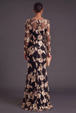 Black Champagne Floral Mermaid Boat Neck Long Formal Dress with Sleeves