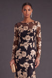 Black Champagne Floral Mermaid Boat Neck Long Formal Dress with Sleeves