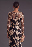 Black Champagne Floral Mermaid Boat Neck Long Formal Dress with Sleeves
