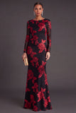 Black Champagne Floral Mermaid Boat Neck Long Formal Dress with Sleeves