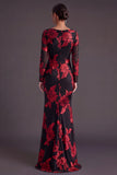 Black Champagne Floral Mermaid Boat Neck Long Formal Dress with Sleeves