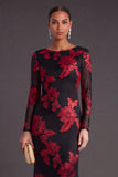 Black Champagne Floral Mermaid Boat Neck Long Formal Dress with Sleeves