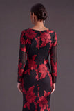 Black Champagne Floral Mermaid Boat Neck Long Formal Dress with Sleeves