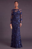 Black Champagne Floral Mermaid Boat Neck Long Formal Dress with Sleeves