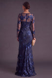 Black Champagne Floral Mermaid Boat Neck Long Formal Dress with Sleeves