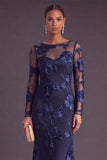 Black Champagne Floral Mermaid Boat Neck Long Formal Dress with Sleeves
