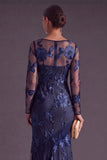 Black Champagne Floral Mermaid Boat Neck Long Formal Dress with Sleeves