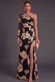 Black Champagne Floral Mermaid Ruched Long Formal Dress with Sleeves