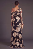 Black Champagne Floral Mermaid Ruched Long Formal Dress with Sleeves