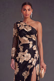 Black Champagne Floral Mermaid Ruched Long Formal Dress with Sleeves