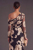 Black Champagne Floral Mermaid Ruched Long Formal Dress with Sleeves
