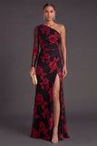 Black Champagne Floral Mermaid Ruched Long Formal Dress with Sleeves