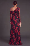 Black Champagne Floral Mermaid Ruched Long Formal Dress with Sleeves