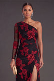 Black Champagne Floral Mermaid Ruched Long Formal Dress with Sleeves