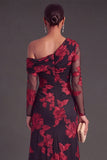 Black Champagne Floral Mermaid Ruched Long Formal Dress with Sleeves