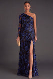 Black Champagne Floral Mermaid Ruched Long Formal Dress with Sleeves
