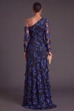Black Champagne Floral Mermaid Ruched Long Formal Dress with Sleeves