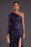Black Champagne Floral Mermaid Ruched Long Formal Dress with Sleeves