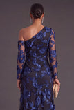 Black Champagne Floral Mermaid Ruched Long Formal Dress with Sleeves