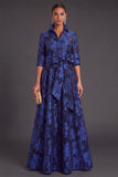 Navy Floral Collar Neck A-Line Long Formal Dress with Sash