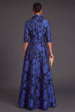 Navy Floral Collar Neck A-Line Long Formal Dress with Sash