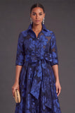 Navy Floral Collar Neck A-Line Long Formal Dress with Sash