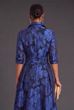 Navy Floral Collar Neck A-Line Long Formal Dress with Sash
