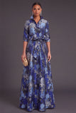 Navy Floral Collar Neck A-Line Long Formal Dress with Sash