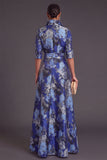 Navy Floral Collar Neck A-Line Long Formal Dress with Sash