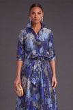 Navy Floral Collar Neck A-Line Long Formal Dress with Sash