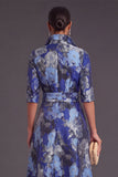 Navy Floral Collar Neck A-Line Long Formal Dress with Sash