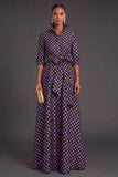 Navy Floral Collar Neck A-Line Long Formal Dress with Sash