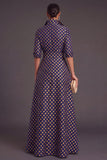Navy Floral Collar Neck A-Line Long Formal Dress with Sash