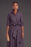 Navy Floral Collar Neck A-Line Long Formal Dress with Sash