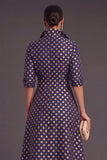 Navy Floral Collar Neck A-Line Long Formal Dress with Sash