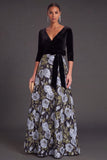 Blue Floral V-Neck A-Line Long Sleeves Formal Dress with Bow