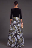 Blue Floral V-Neck A-Line Long Sleeves Formal Dress with Bow