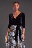 Blue Floral V-Neck A-Line Long Sleeves Formal Dress with Bow