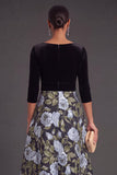 Blue Floral V-Neck A-Line Long Sleeves Formal Dress with Bow