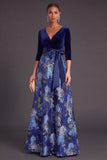 Blue Floral V-Neck A-Line Long Sleeves Formal Dress with Bow