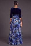 Blue Floral V-Neck A-Line Long Sleeves Formal Dress with Bow