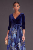 Blue Floral V-Neck A-Line Long Sleeves Formal Dress with Bow