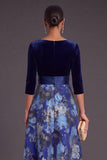 Blue Floral V-Neck A-Line Long Sleeves Formal Dress with Bow