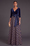 Blue Floral V-Neck A-Line Long Sleeves Formal Dress with Bow