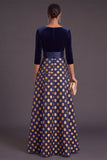 Blue Floral V-Neck A-Line Long Sleeves Formal Dress with Bow