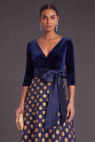 Blue Floral V-Neck A-Line Long Sleeves Formal Dress with Bow