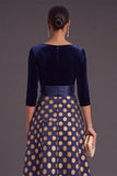 Blue Floral V-Neck A-Line Long Sleeves Formal Dress with Bow