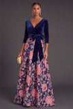 Blue Floral V-Neck A-Line Long Sleeves Formal Dress with Bow